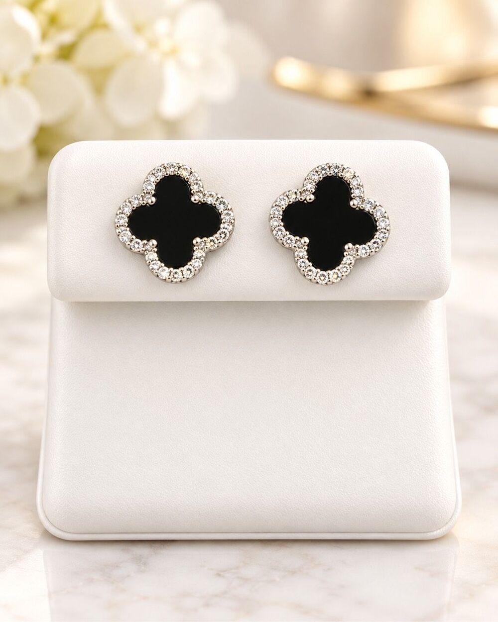 Sterling Silver Moissanite Black Onyx Clover Stud Earrings Lucky Stunning Floral